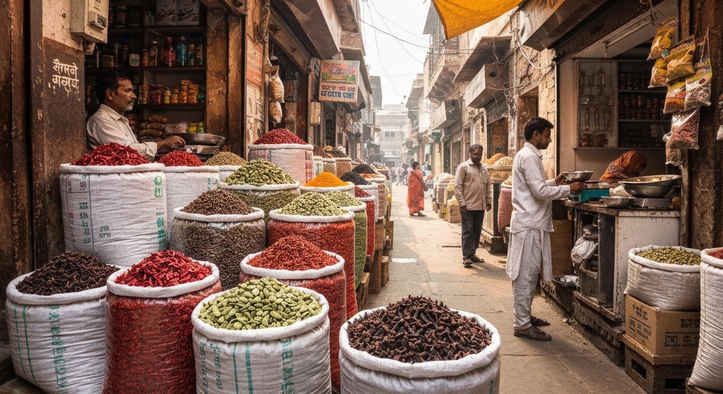 sacks of red chilli, cardamom and cloves stacked shoulder-high in Rawatpara spice market, with a narrow lane and shopkeepers weighing goods in the morning light