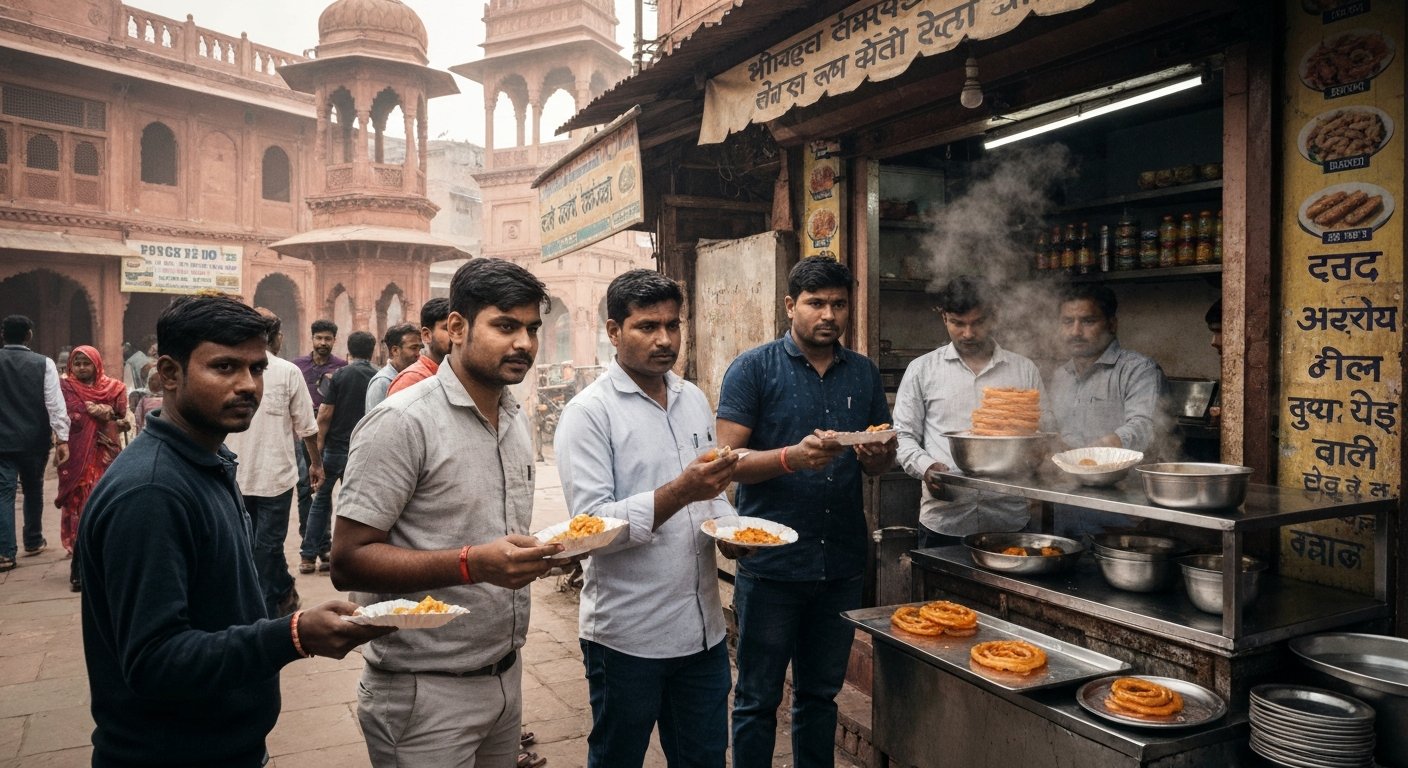 a morning scrum at Bhagat Halwai in Belanganj, paper plates of bedai and jalebi held in hand, steam rising in the first light