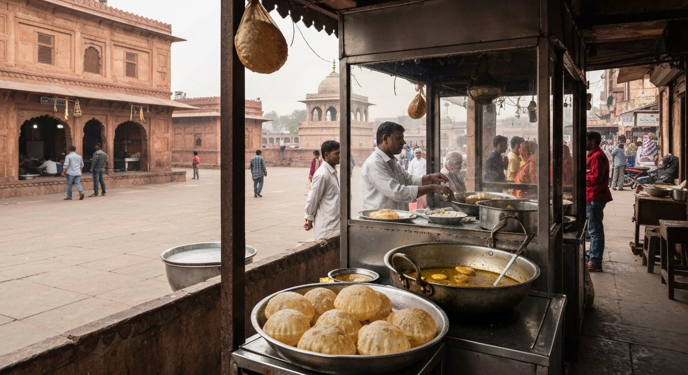 a tiny counter at Chimman Lal Puri Wale near Jama Masjid, puris puffing in desi ghee beside a steel pan of aloo sabzi