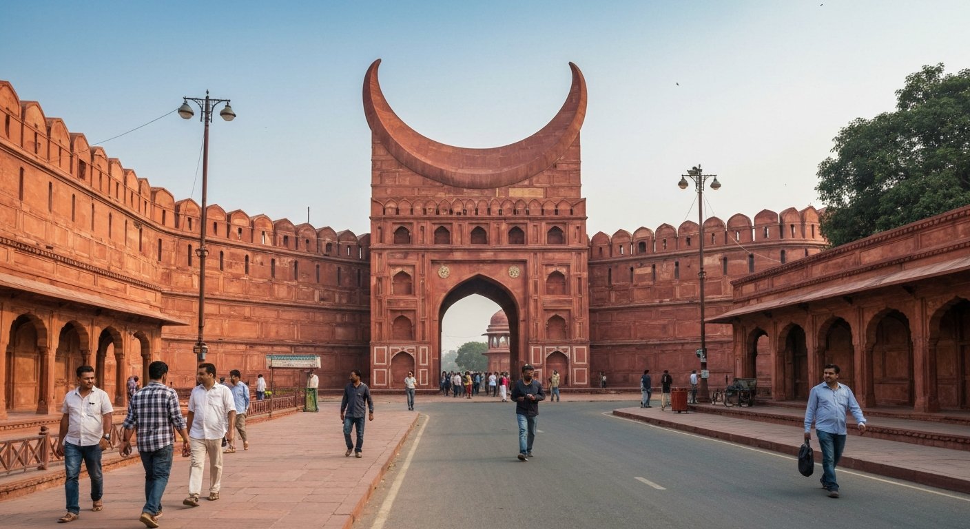 Agra Fort’s red-sandstone walls and Amar Singh Gate in early morning light, with the fort’s massive crescent form rising above the street