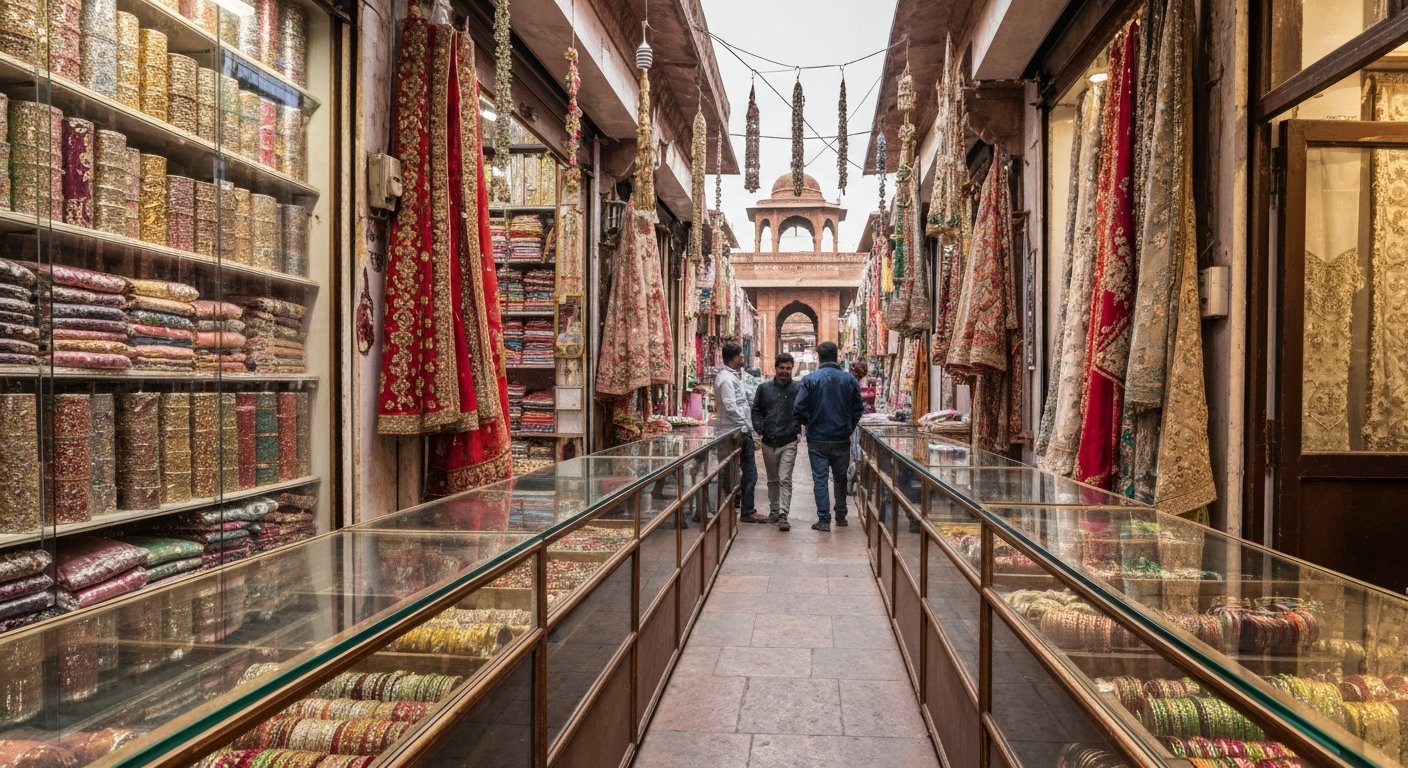 Kinari Bazaar’s narrow lane packed with glittering wedding trims, bangles and fabric shops, midday bustle reflected in glass counters