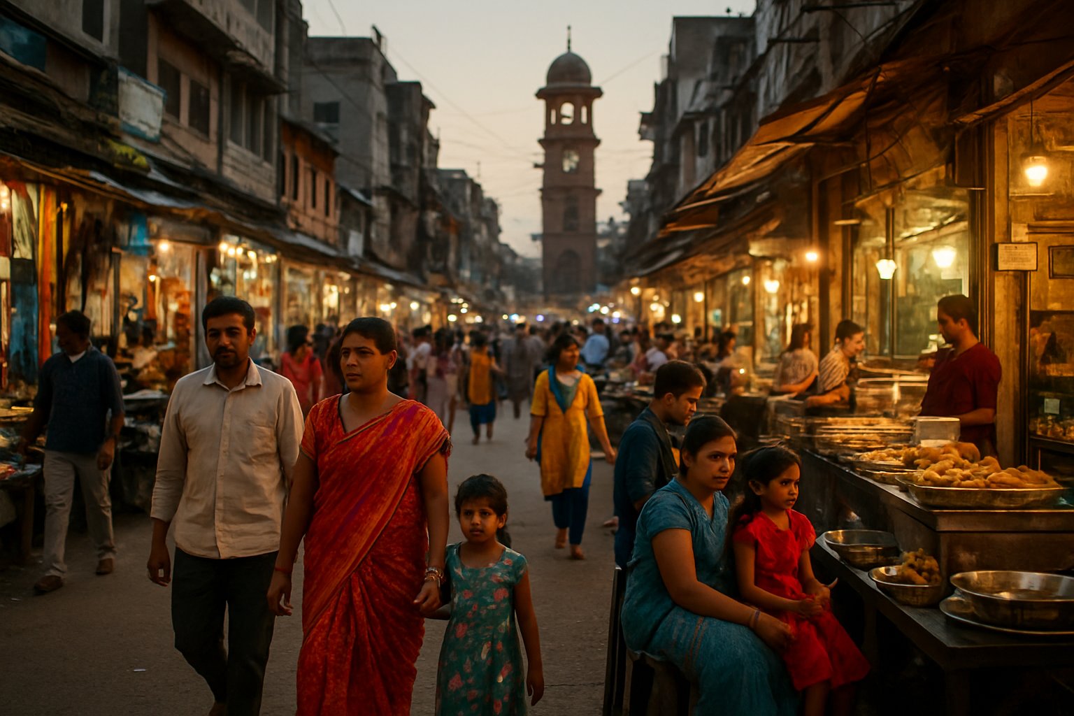 Sadar Bazaar at dusk in Agra Cantonment, shopfronts lit up, families and food stalls filling the largely pedestrian street