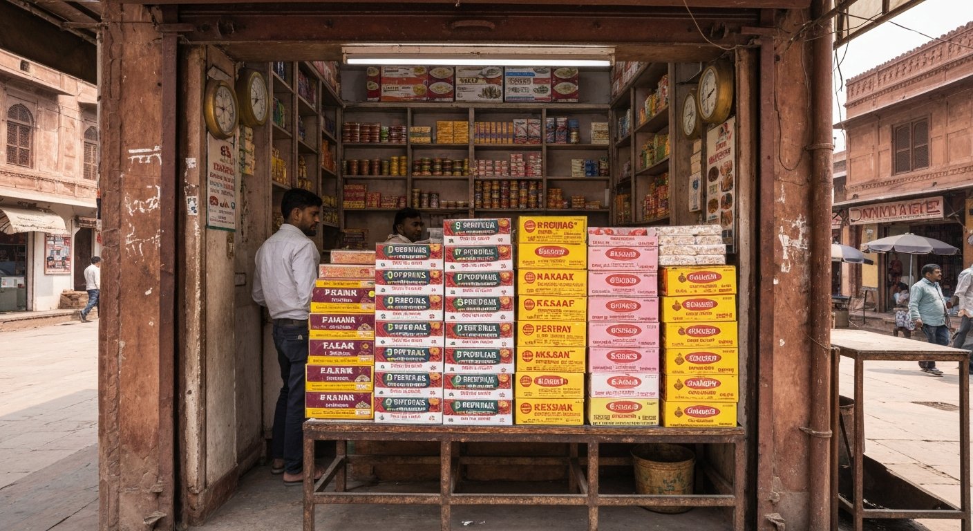 Panchhi Petha’s original Sadar Bazaar shopfront in Agra, neatly stacked boxes of plain, kesar and angoori petha ready for takeaway