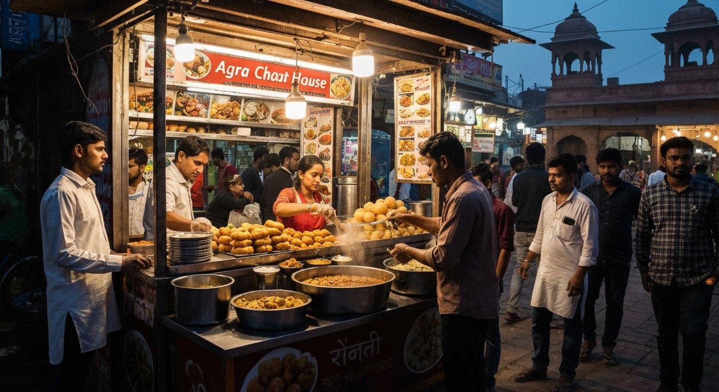 Agra Chaat House in Chaat Gali, a crowded evening chaat stall with aloo tikki, dahi bhalla and golgappa being assembled under bright lights