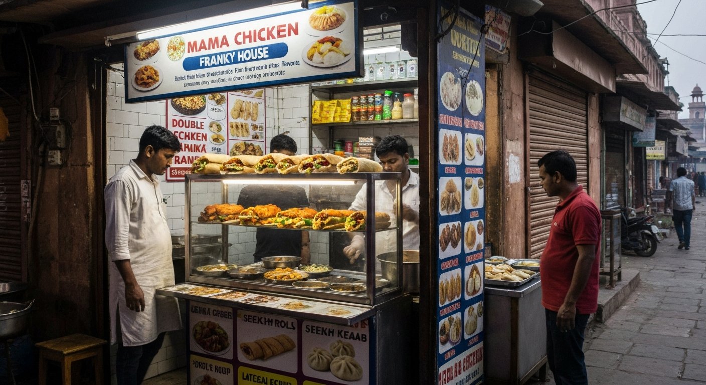 Mama Chicken Mama Franky House on Sadar Bazaar, a late-evening counter with double-chicken franky rolls, seekh kebabs and momos being served