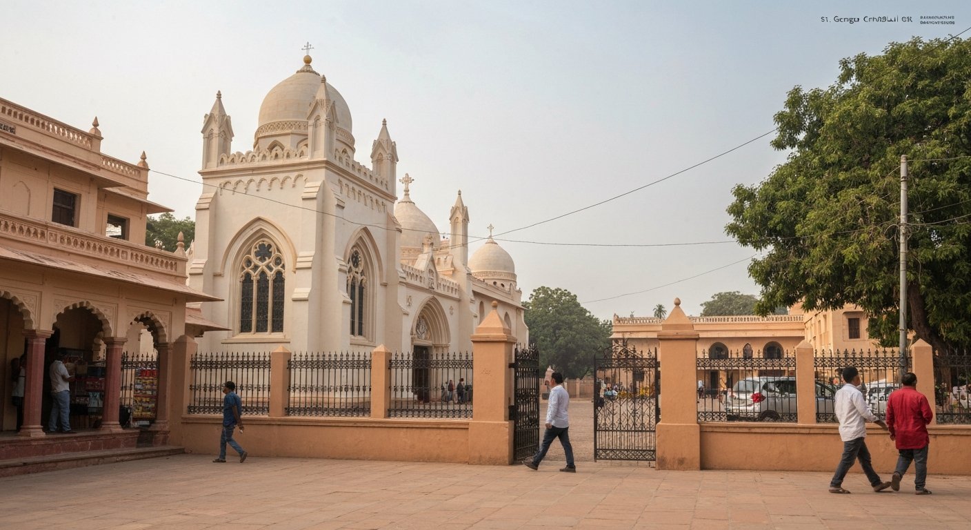 St George’s Cathedral on Station Road in Agra Cantonment, ochre stucco walls with white dressings and the church front in soft daylight
