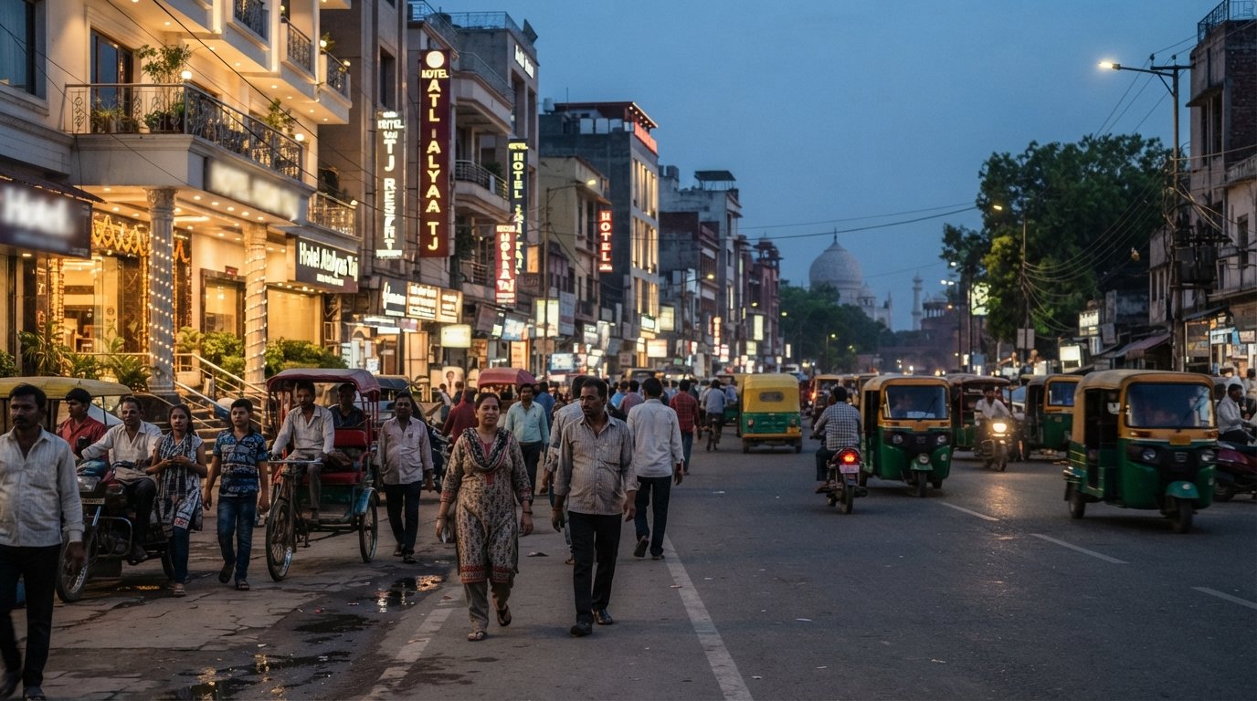 Fatehabad Road, Agra: the city’s polished hotel strip by the Taj