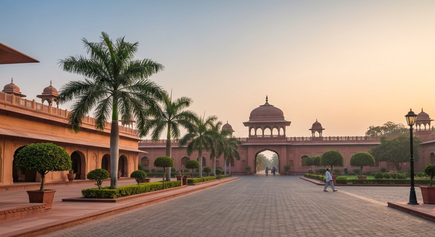 the ITC Mughal hotel frontage on Fatehabad Road at daybreak, broad driveway, palms and Mughal-style architecture under soft morning light