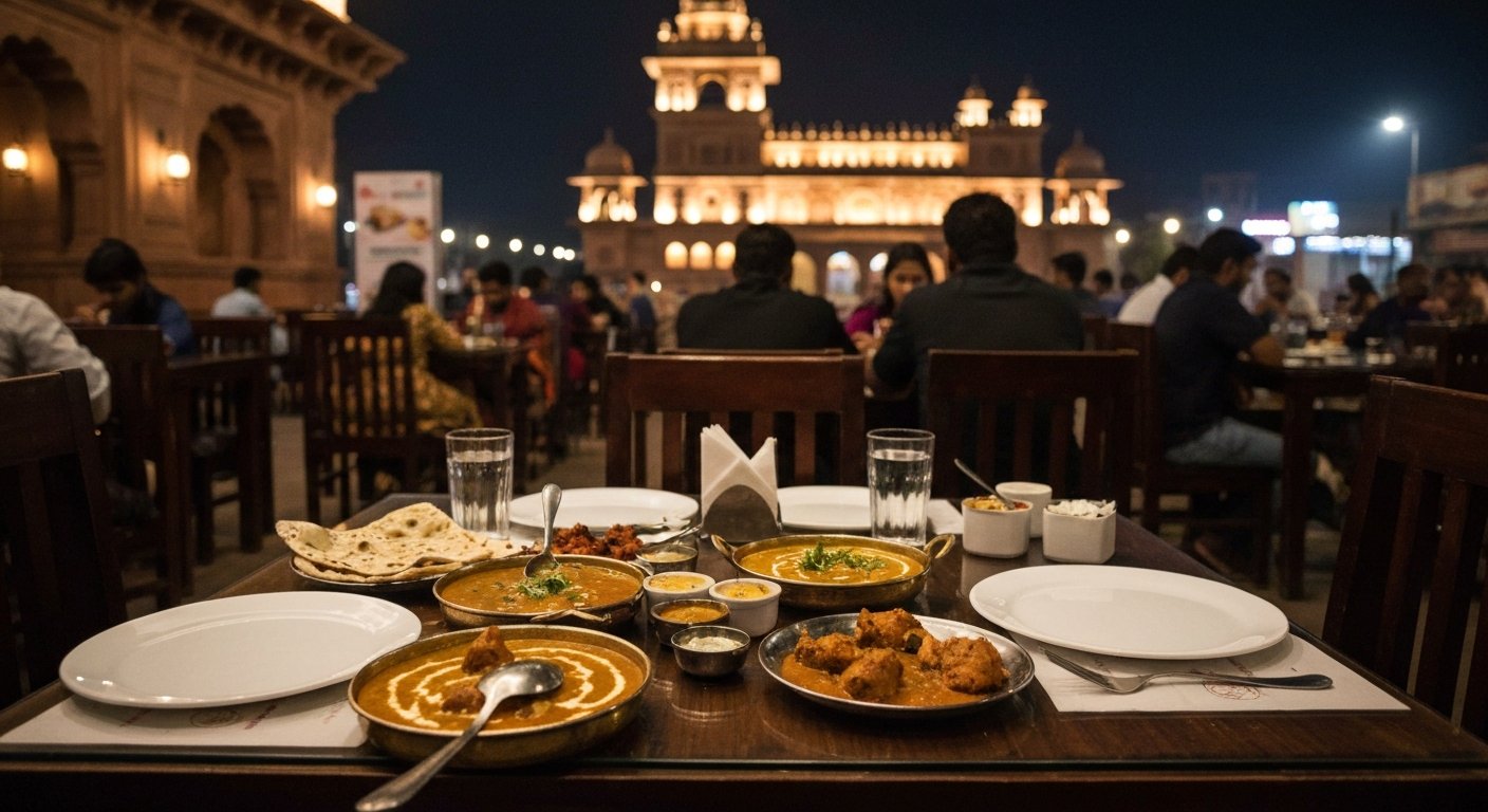a busy dinner table at Pinch of Spice on Fatehabad Road, rich North Indian curries, butter chicken and naan on a polished restaurant table at night
