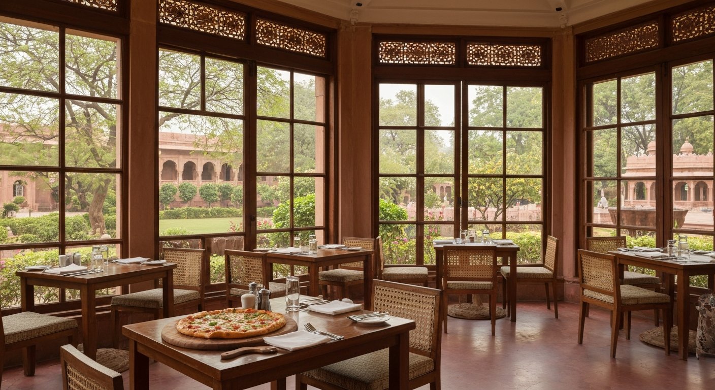 the garden-facing dining room at Trident Agra, wood-fired pizza and leafy hotel gardens beyond the windows in soft afternoon light