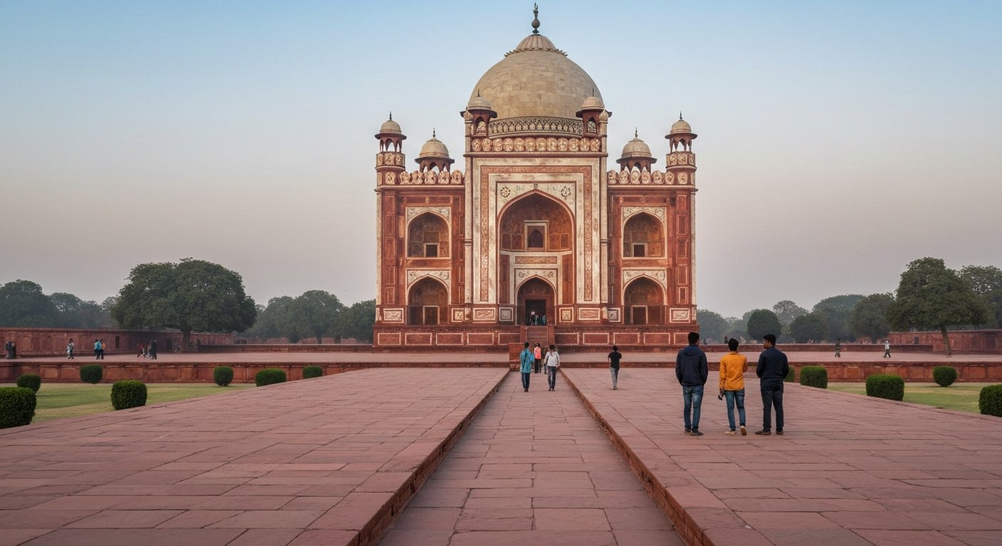 Túmulo de Akbar em Sikandra, Agra, visto da longa aproximação através do jardim charbagh, arenito vermelho e mármore branco brilhando na luz da manhã