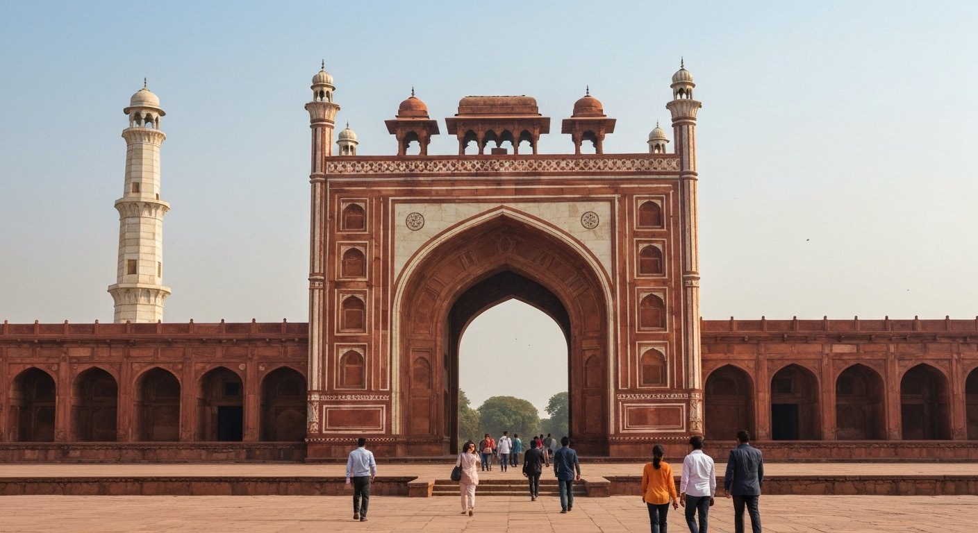 o portal sul do Túmulo de Akbar em Sikandra, Agra, com seu enorme arco de arenito vermelho e quatro minaretes chhatri de mármore branco no sol da manhã nítido