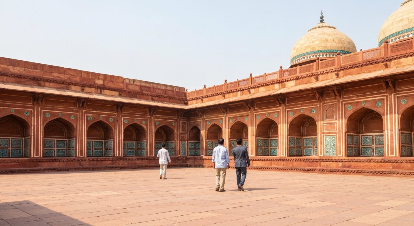 Kanch Mahal dentro do complexo do Túmulo de Akbar, Sikandra, Agra, mostrando paredes de arenito vermelho e azulejos vidrados azul-esverdeados sob luz do dia brilhante