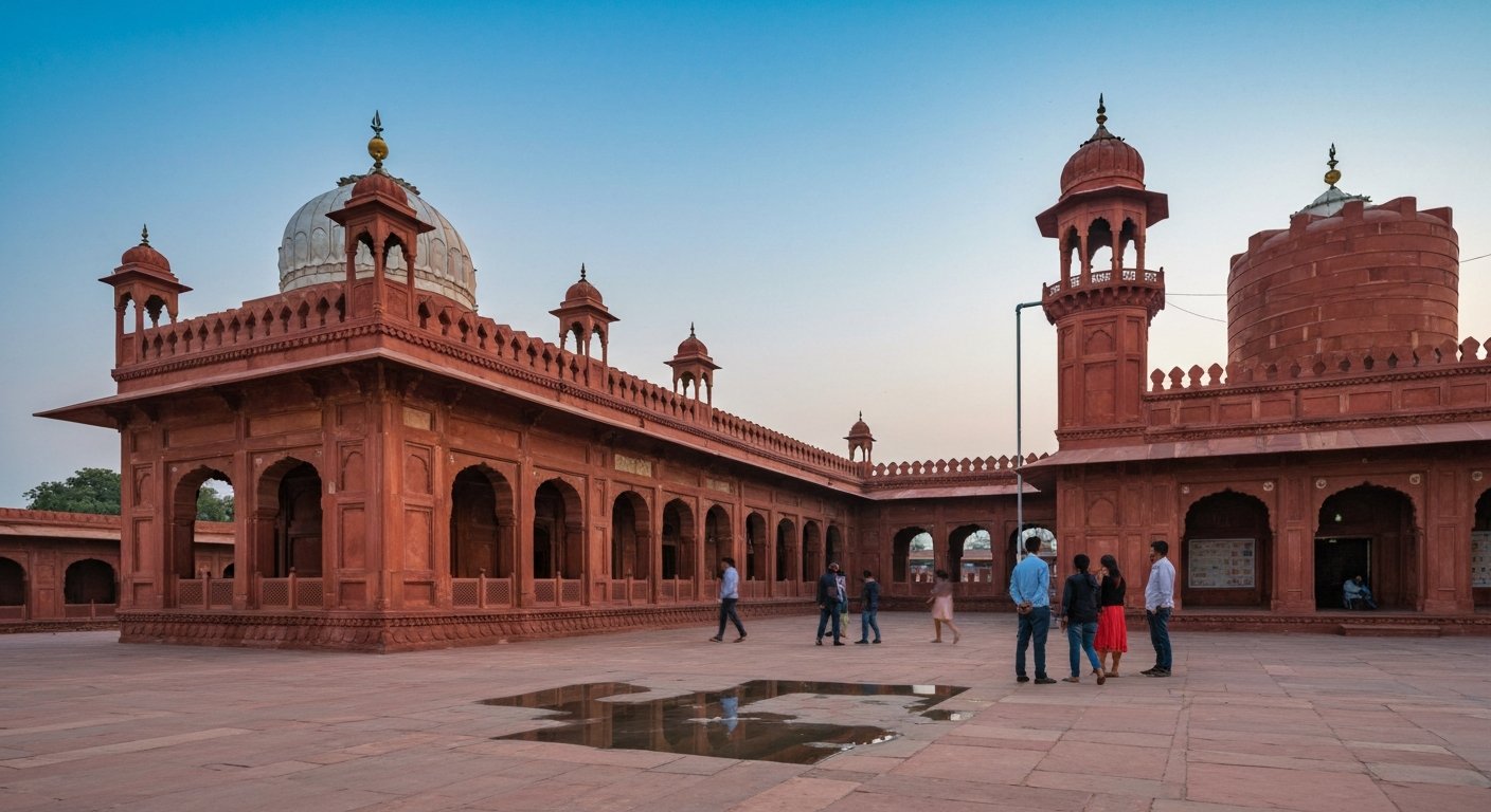 Gurudwara Guru ka Taal em Sikandra, Agra, com sua fachada de arenito vermelho e tanque de água reflexivo sob um céu noturno claro