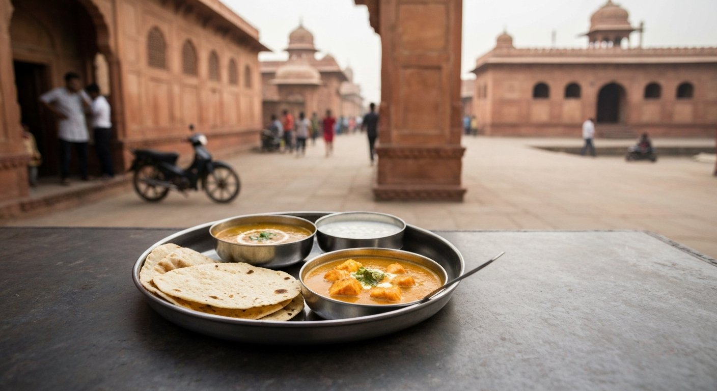 um thali norte-indiano simples no Bhagwati Dhaba na Mathura Road, Agra, com dal makhani, paneer butter masala, rotis, raita e papad em um prato de aço