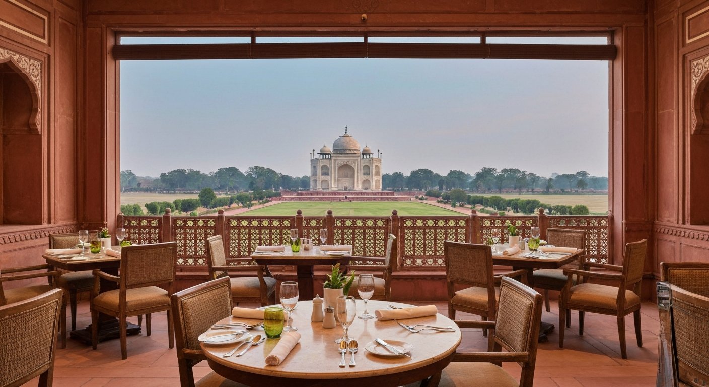 the fine-dining room at Esphahan inside The Oberoi Amarvilas, candlelit tables, formal place settings and a Taj-facing ambience at evening hour