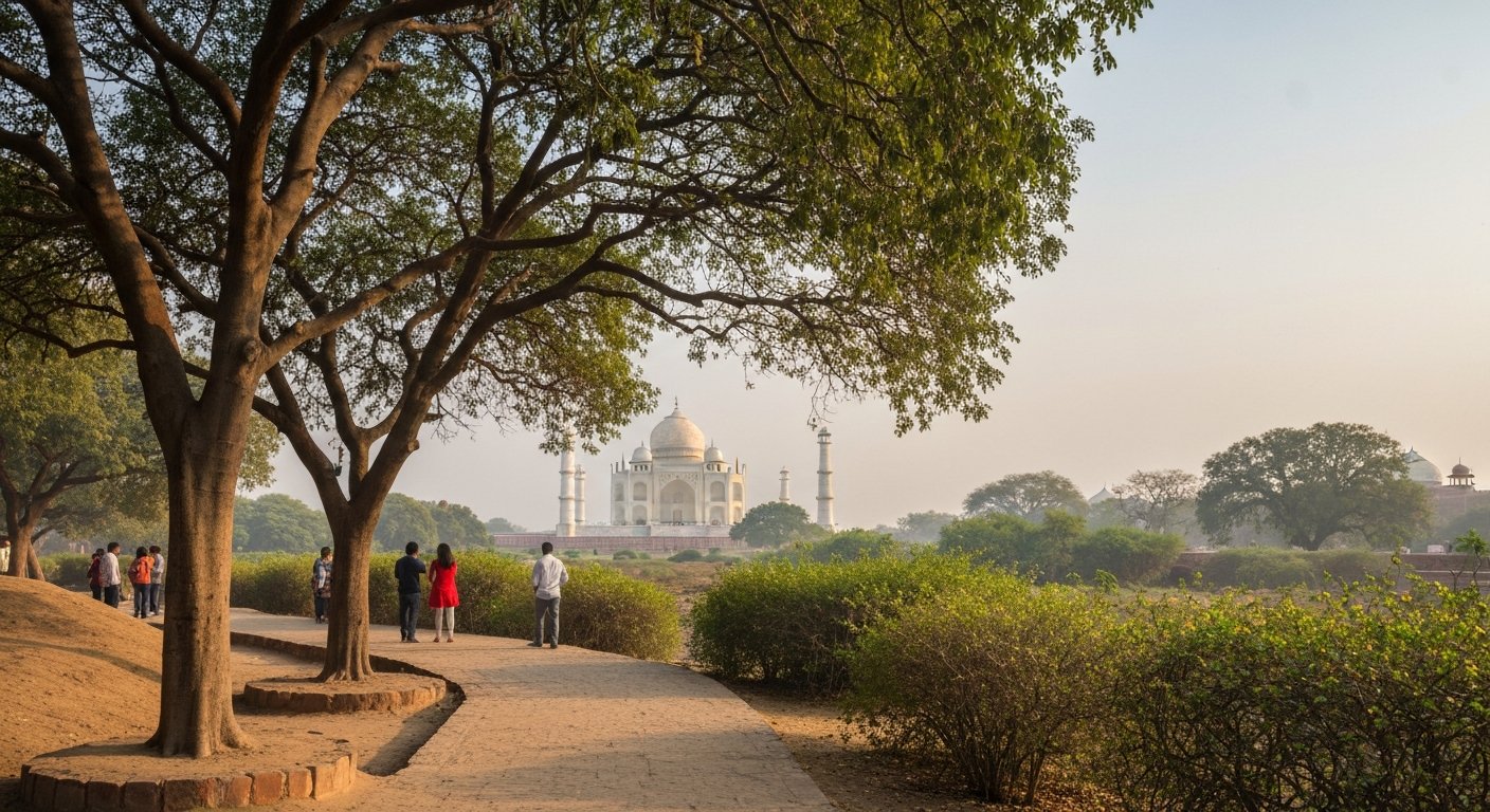 a shaded trail inside Taj Nature Walk, scrubland and viewing mounds with the Taj Mahal faintly visible above the trees in soft morning light